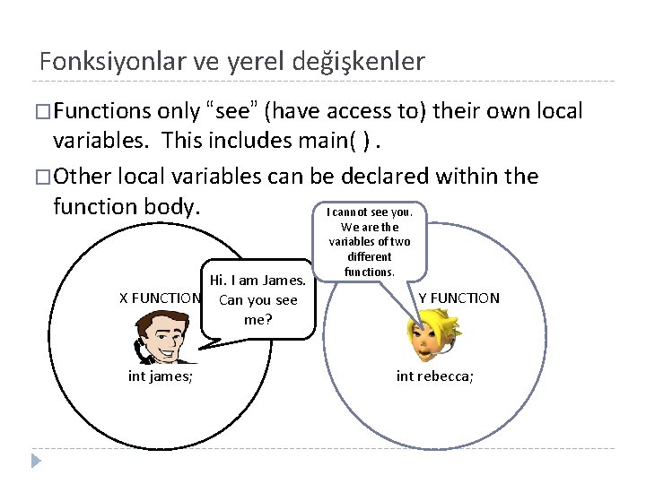 Fonksiyonlar ve yerel değişkenler �Functions only “see” (have access to) their own local variables.