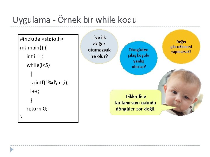 Uygulama - Örnek bir while kodu #include <stdio. h> int main() { int i=1;