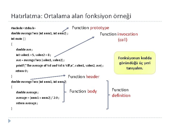 Hatırlatma: Ortalama alan fonksiyon örneği #include <stdio. h> double average. Two (int num 1,