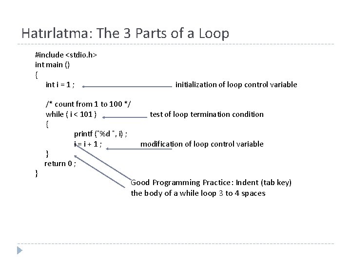 Hatırlatma: The 3 Parts of a Loop #include <stdio. h> int main () {