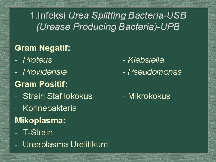 1. Infeksi Urea Splitting Bacteria-USB (Urease Producing Bacteria)-UPB Gram Negatif: - Proteus - Providensia