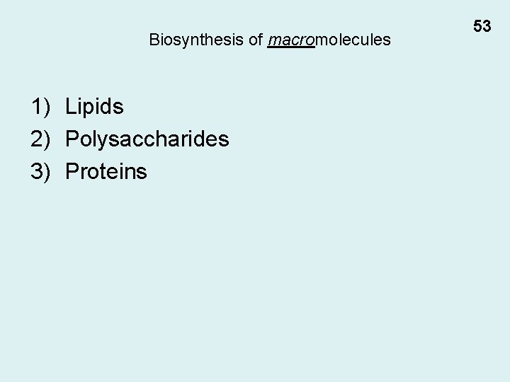 Biosynthesis of macromolecules 1) Lipids 2) Polysaccharides 3) Proteins 53 