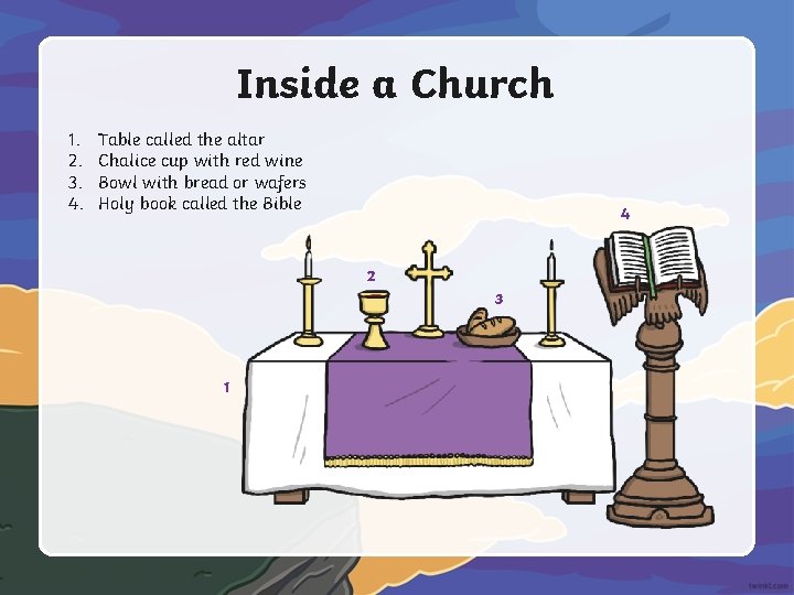Inside a Church 1. 2. 3. 4. Table called the altar Chalice cup with