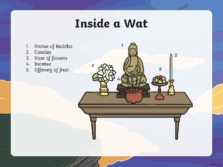 Inside a Wat 1. 2. 3. 4. 5. Statue of Buddha Candles Vase of