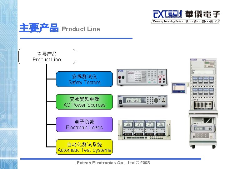 主要产品 Product Line 安规测试仪 Safety Testers 交流变频电源 AC Power Sources 电子负载 Electronic Loads 自动化测试系统