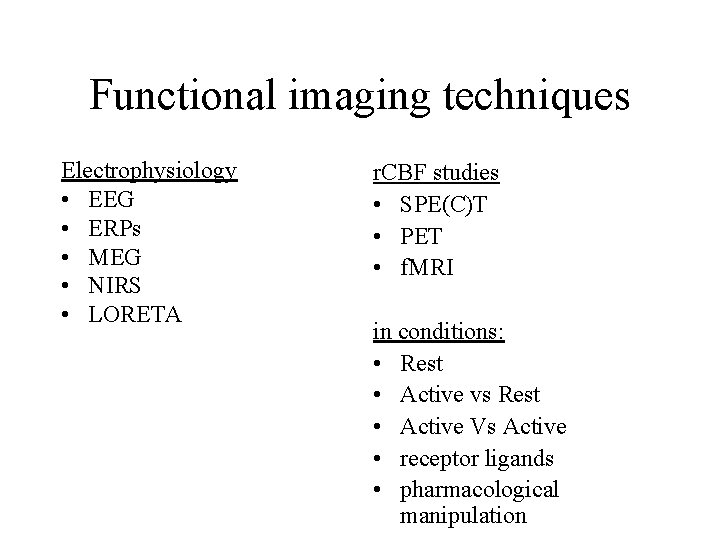 Functional imaging techniques Electrophysiology • EEG • ERPs • MEG • NIRS • LORETA