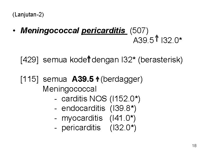 (Lanjutan-2) • Meningococcal pericarditis (507) A 39. 5 I 32. 0* [429] semua kode