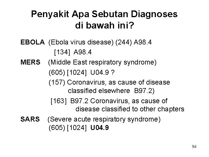 Penyakit Apa Sebutan Diagnoses di bawah ini? EBOLA (Ebola virus disease) (244) A 98.