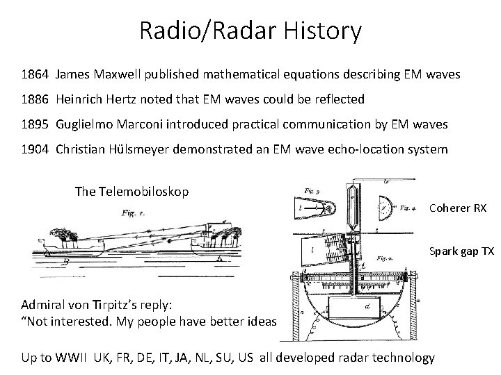 Radio/Radar History 1864 James Maxwell published mathematical equations describing EM waves 1886 Heinrich Hertz