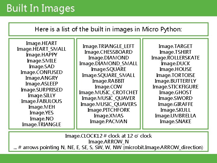 Built In Images Here is a list of the built in images in Micro Built In Images Here is a list of the built in images in Micro