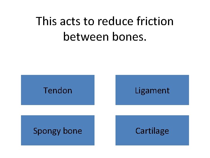 This acts to reduce friction between bones. Tendon Ligament Spongy bone Cartilage 