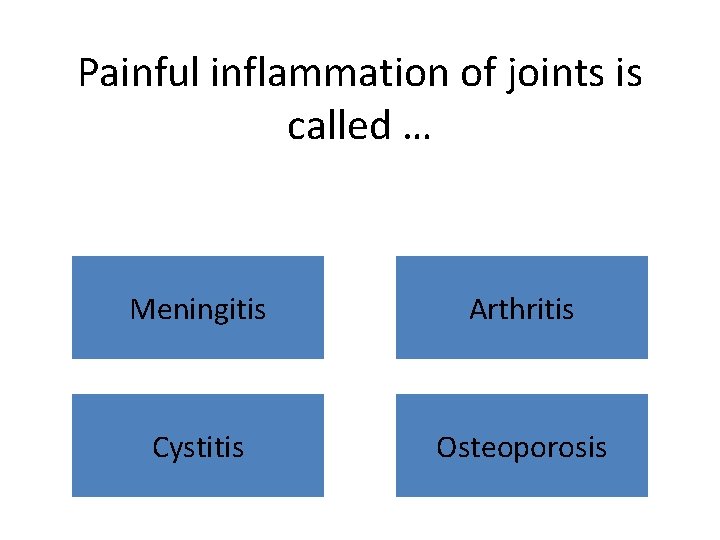 Painful inflammation of joints is called … Meningitis Arthritis Cystitis Osteoporosis 