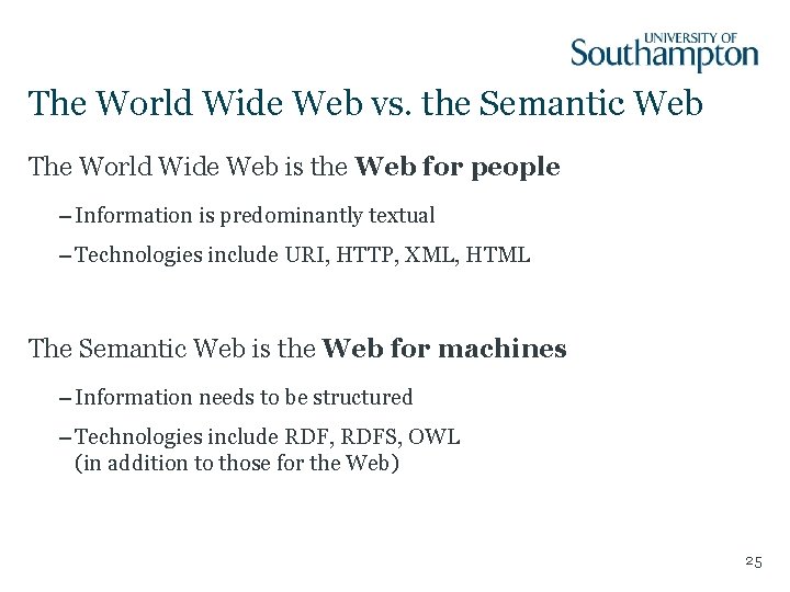 The World Wide Web vs. the Semantic Web The World Wide Web is the