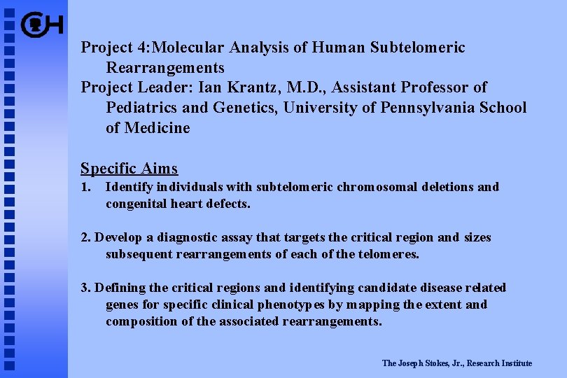 Project 4: Molecular Analysis of Human Subtelomeric Rearrangements Project Leader: Ian Krantz, M. D.