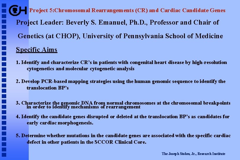 Project 5: Chromosomal Rearrangements (CR) and Cardiac Candidate Genes Project Leader: Beverly S. Emanuel,