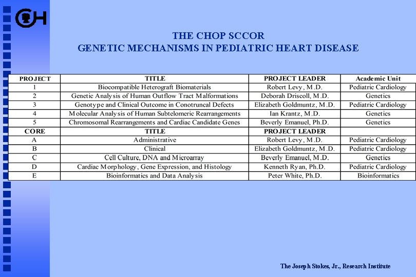 THE CHOP SCCOR GENETIC MECHANISMS IN PEDIATRIC HEART DISEASE The Joseph Stokes, Jr. ,