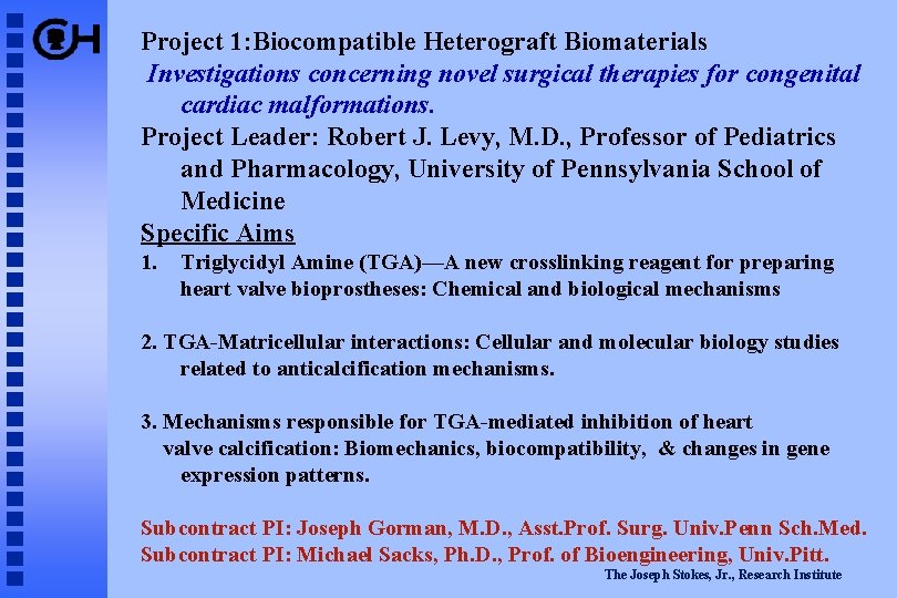 Project 1: Biocompatible Heterograft Biomaterials Investigations concerning novel surgical therapies for congenital cardiac malformations.