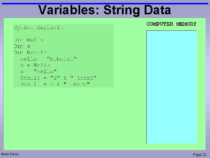 Variables: String Data Mark Dixon Page 22 