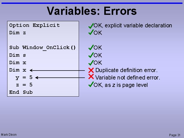 Variables: Errors Option Explicit Dim z OK, explicit variable declaration OK Sub Dim Dim
