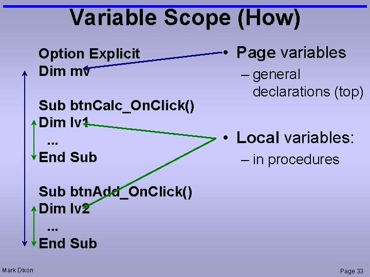Variable Scope (How) Option Explicit Dim mv Sub btn. Calc_On. Click() Dim lv 1.