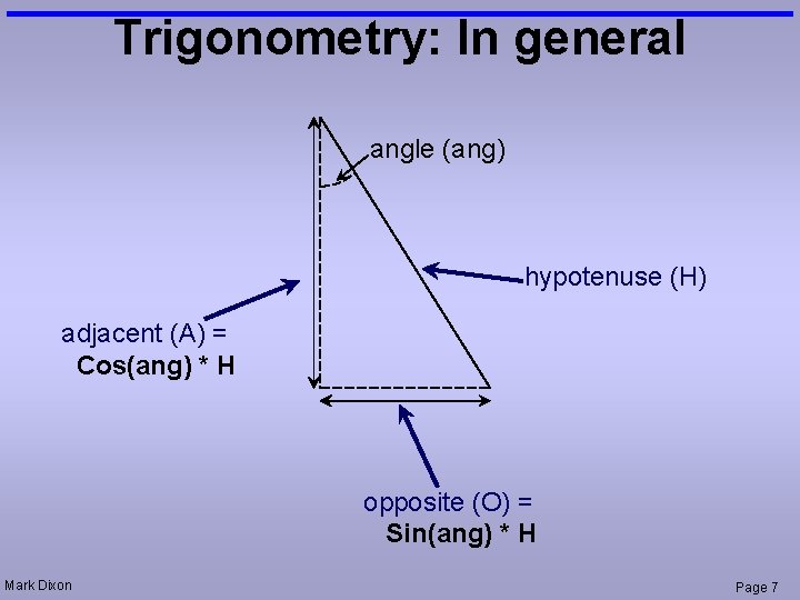 Trigonometry: In general angle (ang) hypotenuse (H) adjacent (A) = Cos(ang) * H opposite