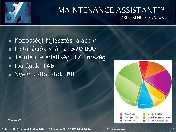 MAINTENANCE ASSISTANT™ *REFERENCIA ADATOK n n n Közösségi fejlesztési alapelv Installációk száma: >20 000