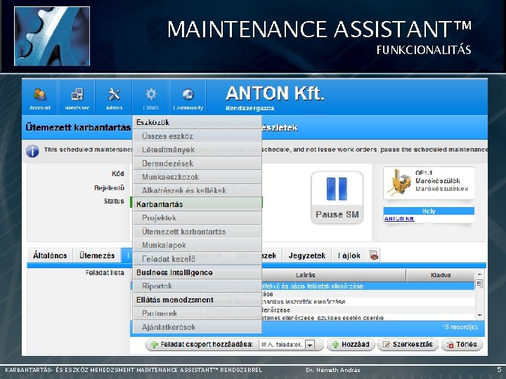 MAINTENANCE ASSISTANT™ FUNKCIONALITÁS KARBANTARTÁS- ÉS ESZKÖZ MENEDZSMENT MAINTENANCE ASSISTANT™ RENDSZERREL Dr. Németh András 5