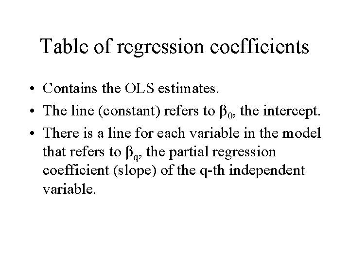 Table of regression coefficients • Contains the OLS estimates. • The line (constant) refers