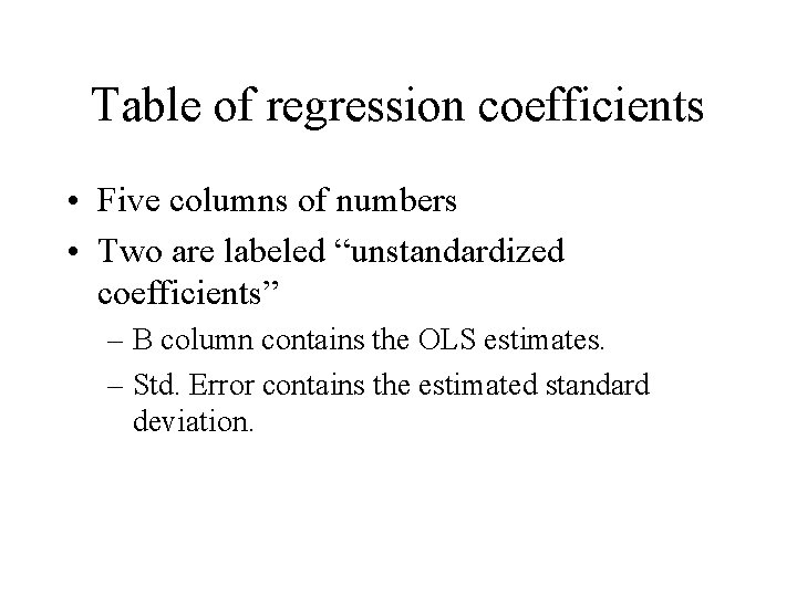 Table of regression coefficients • Five columns of numbers • Two are labeled “unstandardized