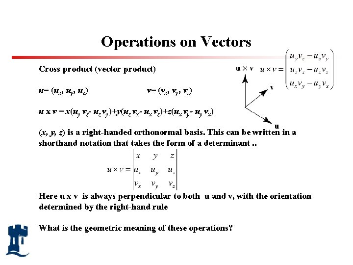 Operations on Vectors Cross product (vector product) u= (ux, uy, uz) v= (vx, vy,