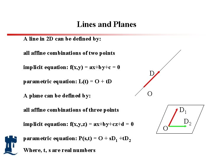 Lines and Planes A line in 2 D can be defined by: all affine