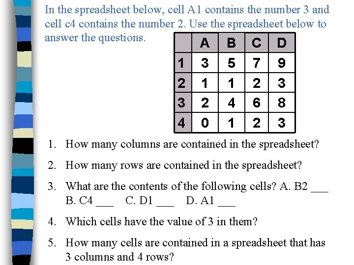 In the spreadsheet below, cell A 1 contains the number 3 and cell c