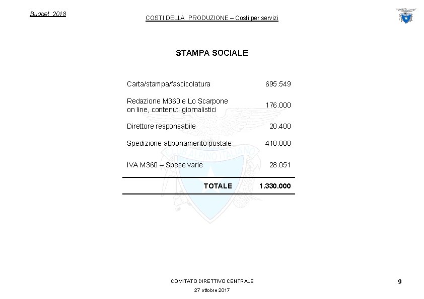 Budget 2018 COSTI DELLA PRODUZIONE – Costi per servizi STAMPA SOCIALE Carta/stampa/fascicolatura 695. 549