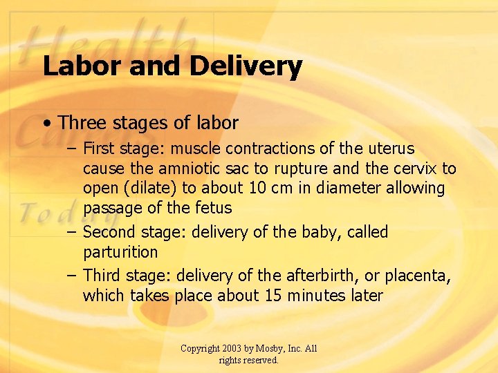 Labor and Delivery • Three stages of labor – First stage: muscle contractions of