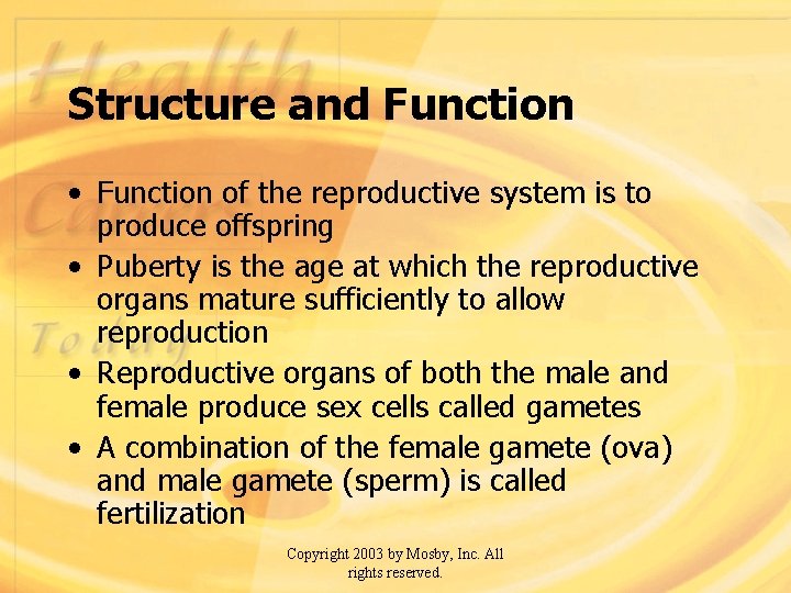 Structure and Function • Function of the reproductive system is to produce offspring •
