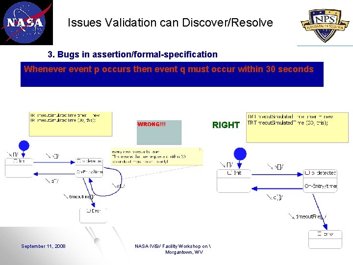Issues Validation can Discover/Resolve 3. Bugs in assertion/formal-specification Whenever event p occurs then event