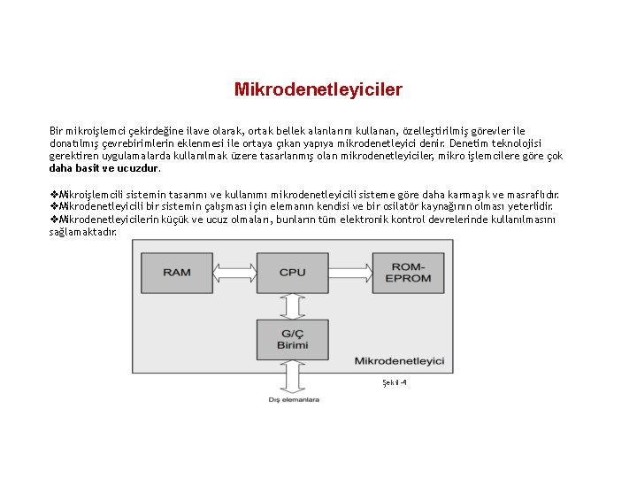 Mikrodenetleyiciler Bir mikroişlemci çekirdeğine ilave olarak, ortak bellek alanlarını kullanan, özelleştirilmiş görevler ile donatılmış