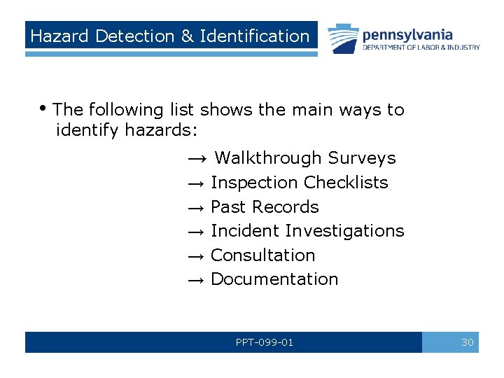 Hazard Detection & Identification • The following list shows the main ways to identify