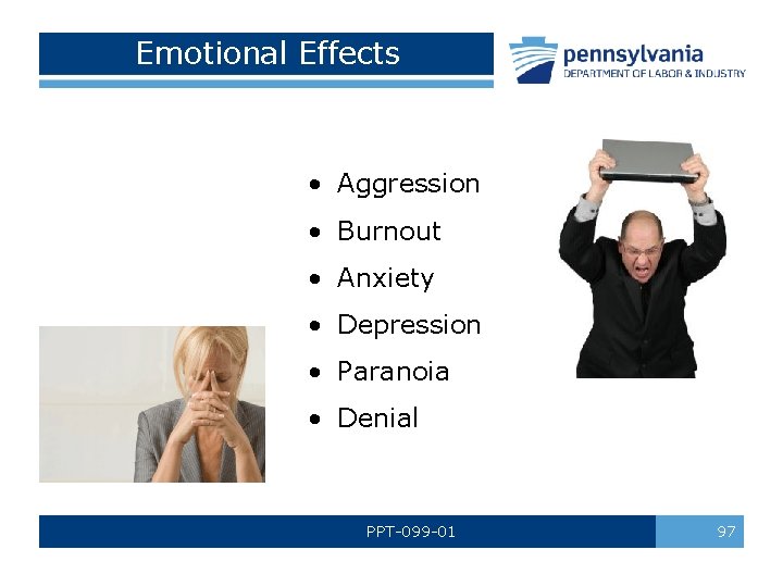 Emotional Effects • Aggression • Burnout • Anxiety • Depression • Paranoia • Denial