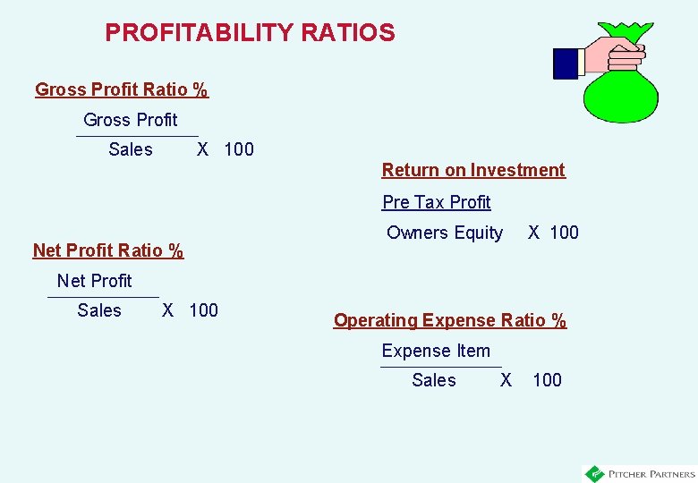 PROFITABILITY RATIOS Gross Profit Ratio % Gross Profit Sales X 100 Return on Investment