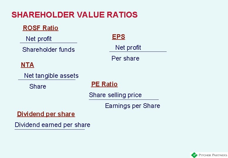 SHAREHOLDER VALUE RATIOS ROSF Ratio EPS Net profit Shareholder funds Per share NTA Net