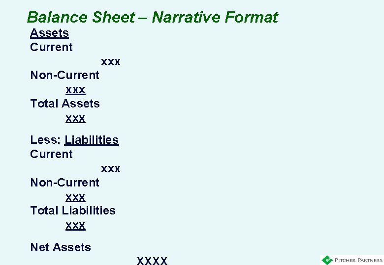 Balance Sheet – Narrative Format Assets Current xxx Non-Current xxx Total Assets xxx Less:
