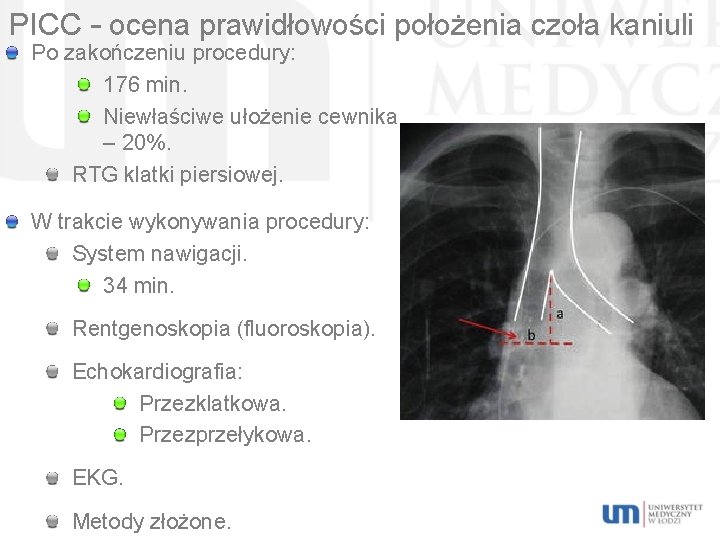 PICC – ocena prawidłowości położenia czoła kaniuli Po zakończeniu procedury: 176 min. Niewłaściwe ułożenie