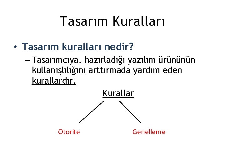 Tasarım Kuralları • Tasarım kuralları nedir? – Tasarımcıya, hazırladığı yazılım ürününün kullanışlılığını arttırmada yardım