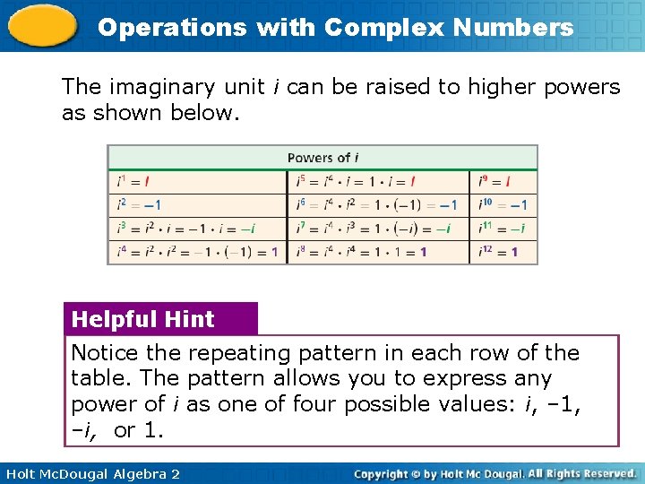 Operations with Complex Numbers The imaginary unit i can be raised to higher powers