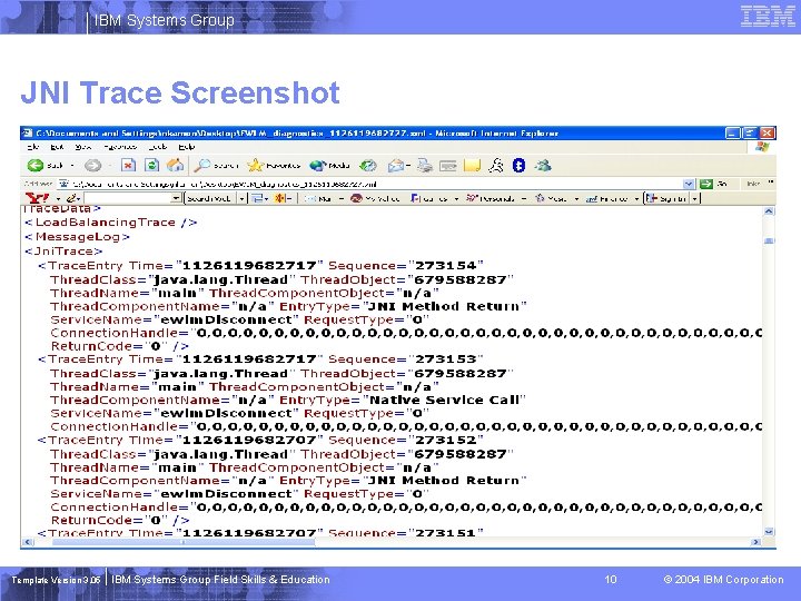 IBM Systems Group JNI Trace Screenshot Template Version 3. 05 IBM Systems Group Field