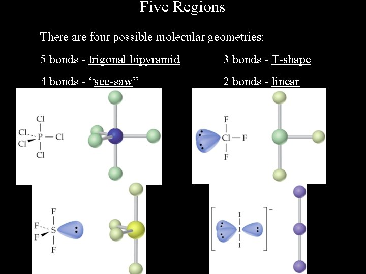 Five Regions There are four possible molecular geometries: 5 bonds - trigonal bipyramid 3