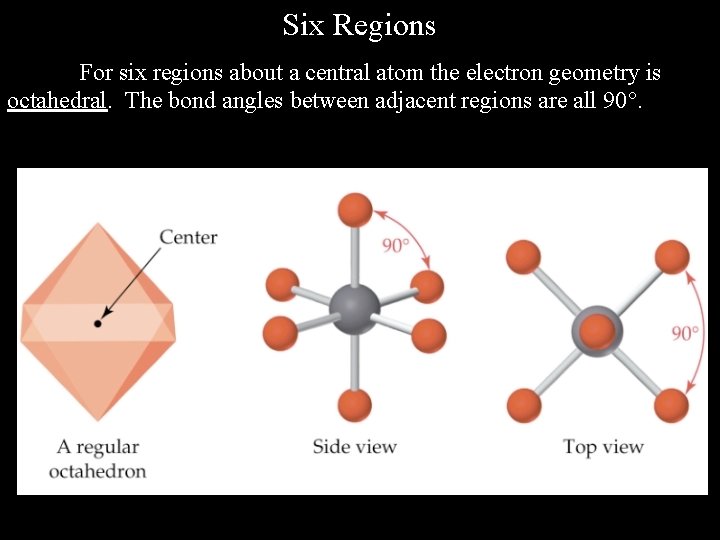 Six Regions For six regions about a central atom the electron geometry is octahedral.