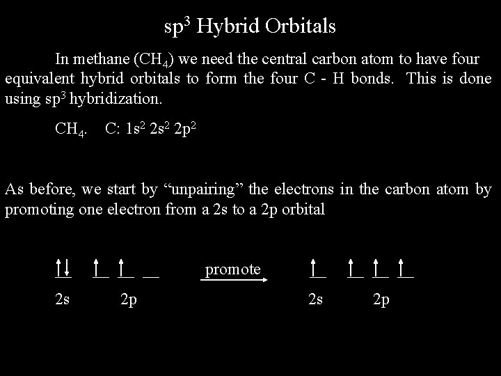 sp 3 Hybrid Orbitals In methane (CH 4) we need the central carbon atom
