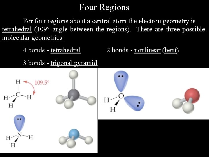 Four Regions For four regions about a central atom the electron geometry is tetrahedral